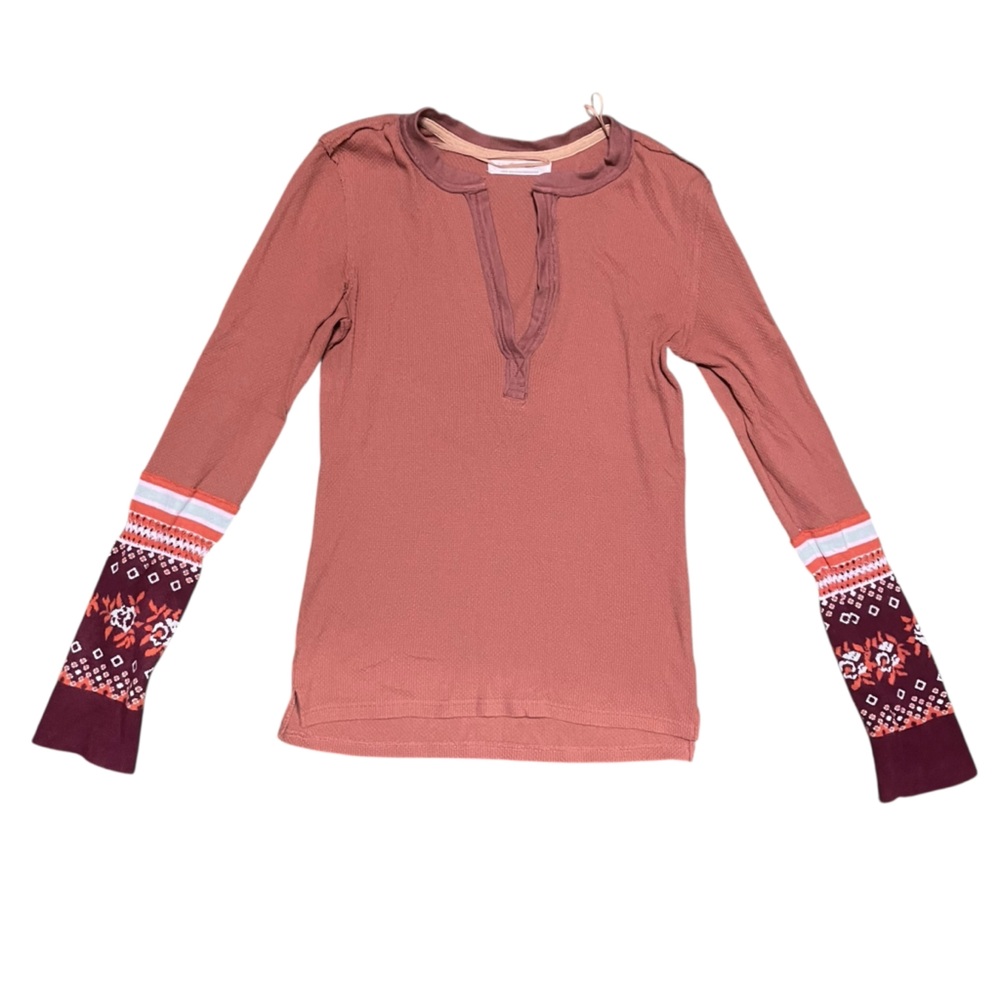 Free People Rust Waffle Henley with Patterned Maroon Cuffs - Picture 6 of 10
